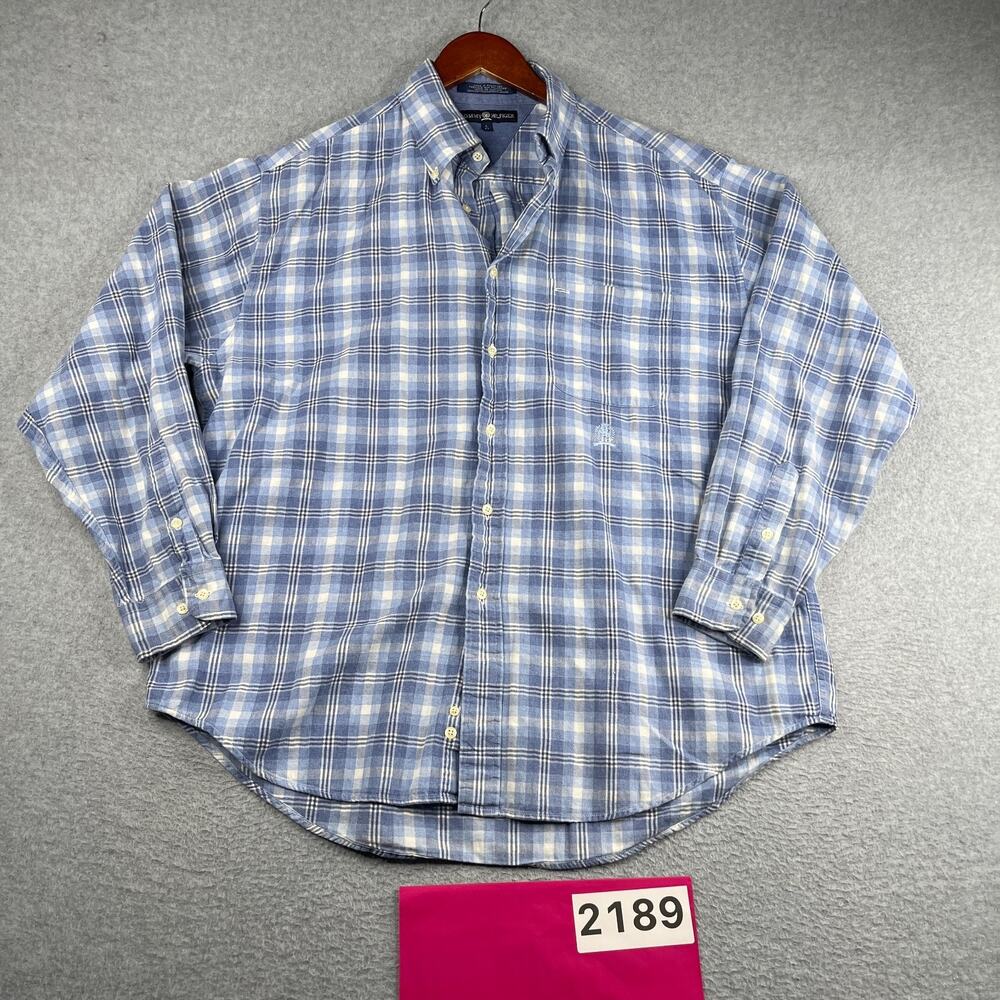 Tommy Bahama Shirt Large Blue White Plaid Crest Button Up Long Sleeve Mens